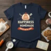 T-shirt with the quote "Happiness is Homemade Baked with Love" featuring a cake graphic, whisk, spatula, and bowls