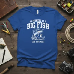 Happiness Is A Big Fish (And A Witness) fishing quote t-shirt with a marlin graphic