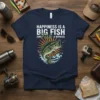 Happiness Is A Big Fish And Fish A Witness t-shirt design featuring a leaping bass and sunburst graphic