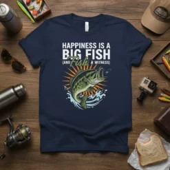 Happiness Is A Big Fish And Fish A Witness t-shirt design featuring a leaping bass and sunburst graphic