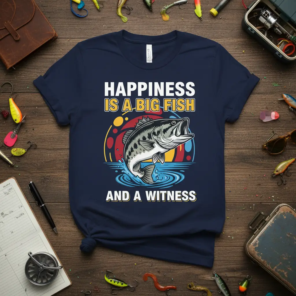 Happiness Is A Big Fish And A Witness quote with jumping bass graphic on a navy blue fishing t-shirt
