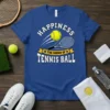 Happiness Is The Sound Of A Tennis Ball text design with a tennis racket and ball graphic on a blue