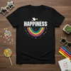Black t-shirt with "HAPPINESS" text, a rainbow arc, and a white dove with a sun graphic
