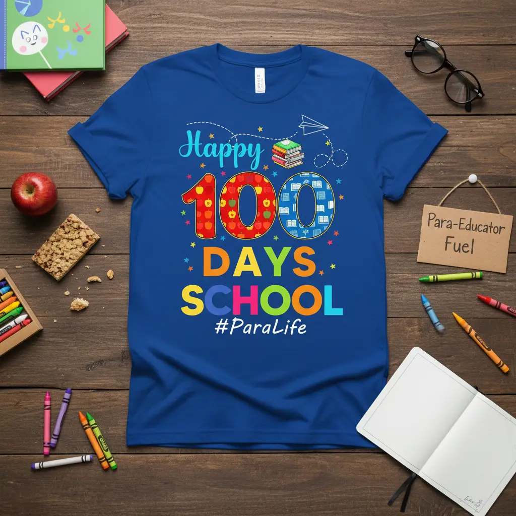 Happy 100 DAYS SCHOOL #ParaLife text design with vibrant colors and school elements on a blue tee