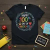 Happy 100th Day of Kindergarten t-shirt design with colorful text and school-themed illustrations around a circular border