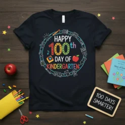 Happy 100th Day of Kindergarten t-shirt design with colorful text and school-themed illustrations around a circular border