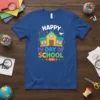 Happy 100th Day of School t-shirt design featuring a colorful schoolhouse, stars, and a crayon graphic