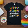 Happy 11th Birthday Girl t-shirt with colorful pop-it unicorn designs and a fidget spinner graphic