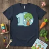 Happy 1st Birthday Broccoli Carrot Hot Air Balloon design with a large number 1 and cartoon vegetables in a basket