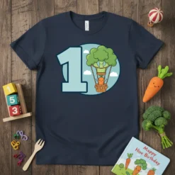 Happy 1st Birthday Broccoli Carrot Hot Air Balloon design with a large number 1 and cartoon vegetables in a basket