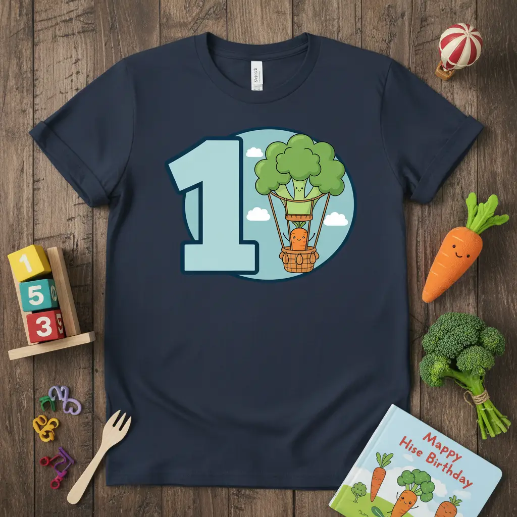 Happy 1st Birthday Broccoli Carrot Hot Air Balloon toddler shirt featuring a large number 1 and cartoon vegetables