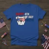 Happy 4th of July Dawg! text with a bulldog wearing American flag sunglasses on a blue t-shirt