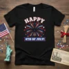 Black t-shirt with "Happy 4th of July!" text and red, white, and blue fireworks graphic
