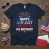 Happy 4th of July and Yes It's My Birthday text design with fireworks and American flag elements on a navy