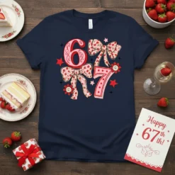 Navy blue t-shirt with "Happy 67th Birthday" text and a pink strawberry bow design