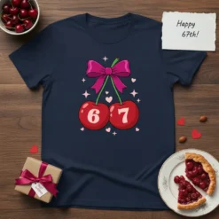 Happy 67th Cherry T-Shirt design with two red cherries, a pink bow, and the numbers 67