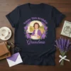 Happy 75th birthday Grandma t-shirt design featuring a woman in a wreath of purple flowers and text "happy 75th birthday