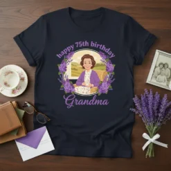Happy 75th birthday Grandma t-shirt design featuring a woman in a wreath of purple flowers and text "happy 75th birthday