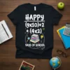 Happy (9x10)+2 + (4x2) Days of School text design with stack of books graphic on a black t-shirt