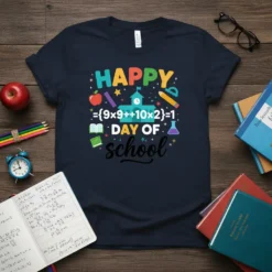 Happy {9x9++10x2}=1 Day of School t-shirt with colorful school graphics and math equation
