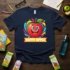 Happy Apple graphic t-shirt with a smiling red apple and colorful splashes, perfect for teachers and fruit lovers