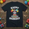 Happy Barkday t-shirt design featuring a cartoon husky wearing sunglasses and a party hat, sitting on a birthday cake with