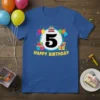 Blue t-shirt with "Happy Birthday 5 Year Old" text, large number 5, cake, balloons, and gift boxes graphic