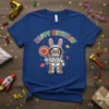 Happy Birthday Astronaut Bunny T-Shirt design with a cute bunny in an astronaut suit holding a lollipop, surrounded by planets