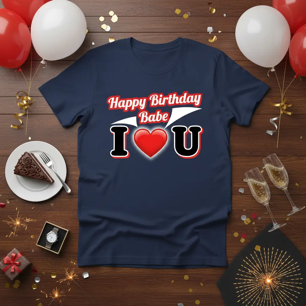 Happy Birthday Babe I Love You romantic message with heart graphic on a t-shirt