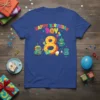 Happy Birthday Boy 8 t-shirt design with colorful robots, balloons, and the number 8 graphic