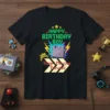 Happy Birthday Boy Keep Moving Forward gamer t-shirt design featuring retro video game cartridge and lightning bolts