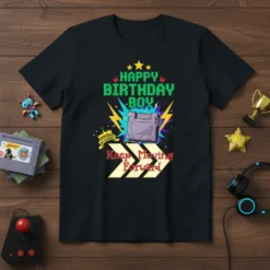 Happy Birthday Boy Keep Moving Forward gamer t-shirt design featuring retro video game cartridge and lightning bolts