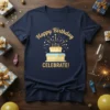 Navy blue t-shirt with "Happy Birthday Celebrate!" text and a two-tier cake graphic with candles and fireworks