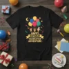 Happy Birthday Celebration Adventure t-shirt with cute fox, bear, and bunny in hot air balloons, colorful balloons, and stars