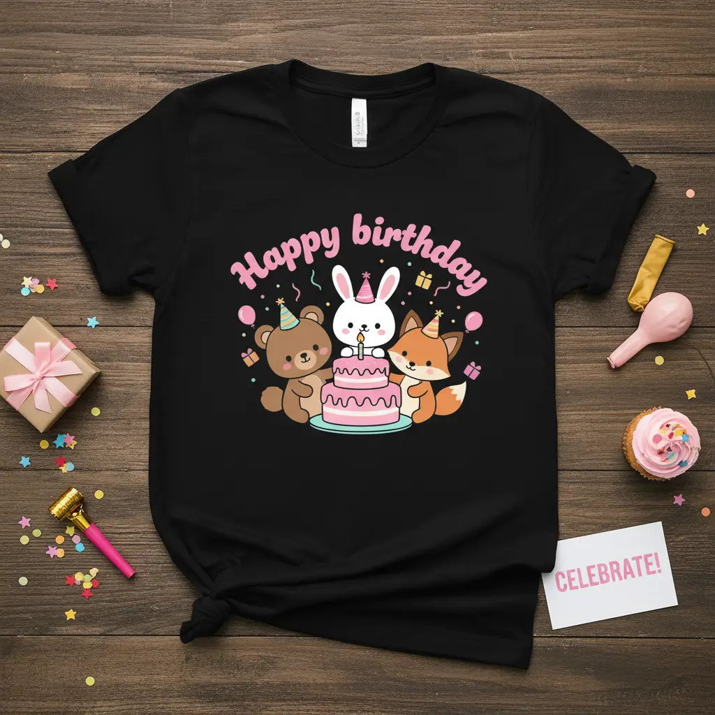 Happy birthday text with cute bear, bunny, and fox around a cake, festive party design
