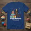 Happy Birthday Dachshund text with a cute dachshund wearing a party hat next to a birthday cake and gifts
