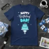 Happy Birthday Dad! text with birthday cake graphic on a navy blue t-shirt