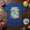 Happy Birthday text with a cartoon dinosaur and teddy bear holding a birthday cake, on a blue t-shirt