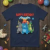 Happy Birthday text above cartoon dinosaurs celebrating with cake, balloons, and a volcano