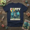 Happy Birthday Dinosaur T-Shirt with a cartoon T-Rex holding balloons and wearing a party hat