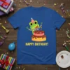 Happy Birthday Frog T-Shirt with a cartoon frog and birthday cake, yellow text 'HAPPY BIRTHDAY!'