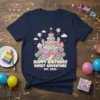 Happy Birthday Sweet Adventure Est. 2024 design with a colorful tiered cake, cupcakes, lollipops, and hot air balloons