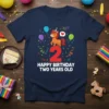 Happy Birthday Two Years Old t-shirt with a cartoon horse, number 2, balloons, and confetti
