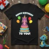 Happy Birthday To You text with a cute purple dragon sitting on a birthday cake, surrounded by balloons