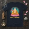 Happy Buddha t-shirt design with a meditating Buddha figure holding a lotus flower, surrounded by decorative elements