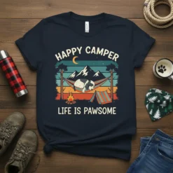 Happy Camper Life Is Pawsome t-shirt design showing a dog sleeping in a hammock at a campsite with mountains and