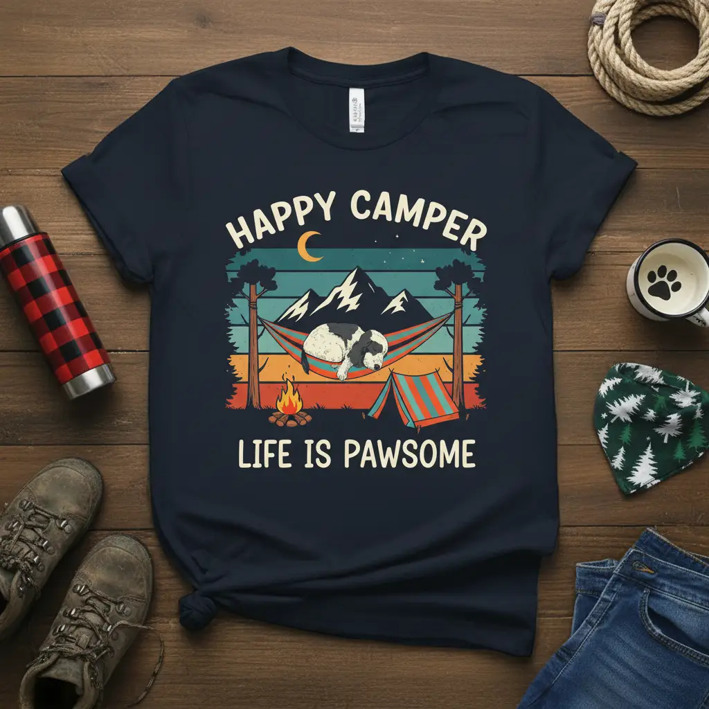Happy Camper Life Is Pawsome quote with a dog in a hammock design, set against a vintage camping scene