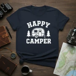 Happy Camper t-shirt design with a vintage camper and trees, perfect for RV life and outdoor adventures