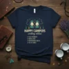 Happy Campers Wedding Edition T-Shirt design with lanterns, constellations, trees, and a checklist of wedding essentials