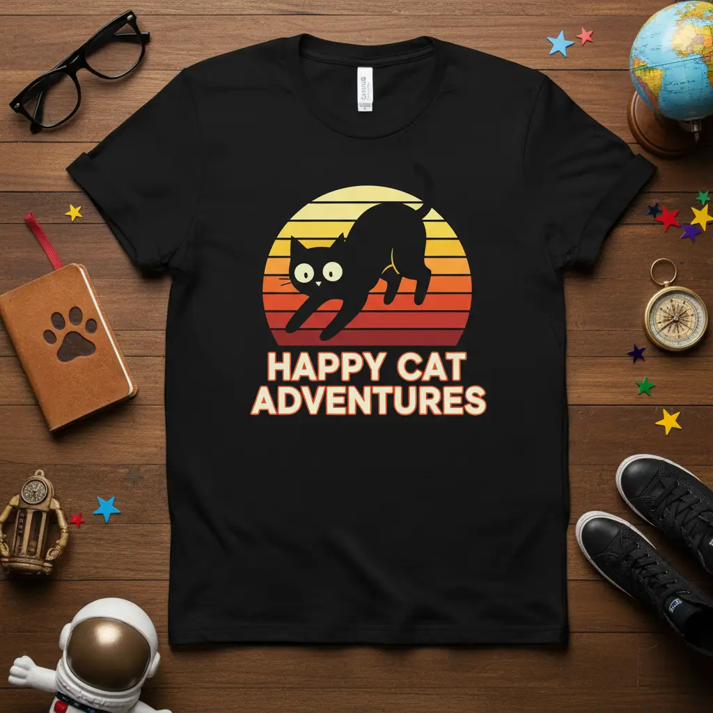 Happy Cat Adventures quote on a t-shirt featuring a black cat silhouette and retro sunset